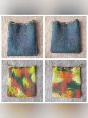 FELTED WOOL REVERSIBLE CINCH BAG BOHO BLUE ORANGE GREEN YELLOW 13"X14" *FREE*